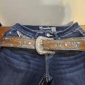 Belt - Western Rhinestone Bling Tooled Leather Turquoise Color Floral 32" Max.